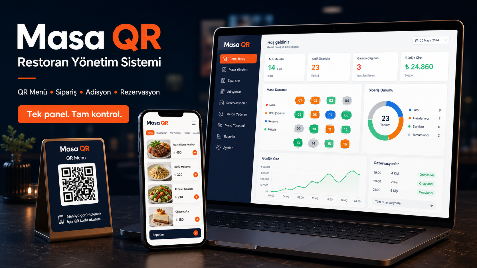 Masa QR restoran yönetim sistemi; dizüstü paneli, mobil QR menü ve masa QR standı
